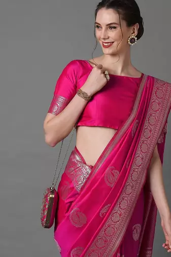 pink pink & silver-toned paisley zari silk blend banarasi saree