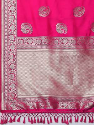 pink pink & silver-toned paisley zari silk blend banarasi saree 5