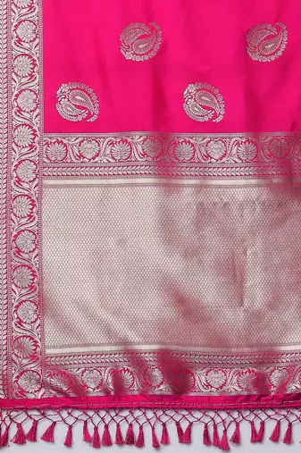 pink pink & silver-toned paisley zari silk blend banarasi saree