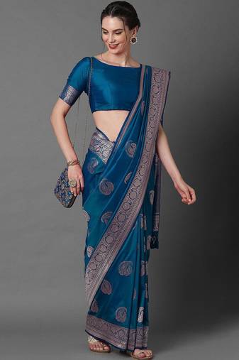 blue ethnic motifs woven design zari silk blend banarasi saree
