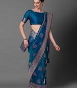 blue ethnic motifs woven design zari silk blend banarasi saree