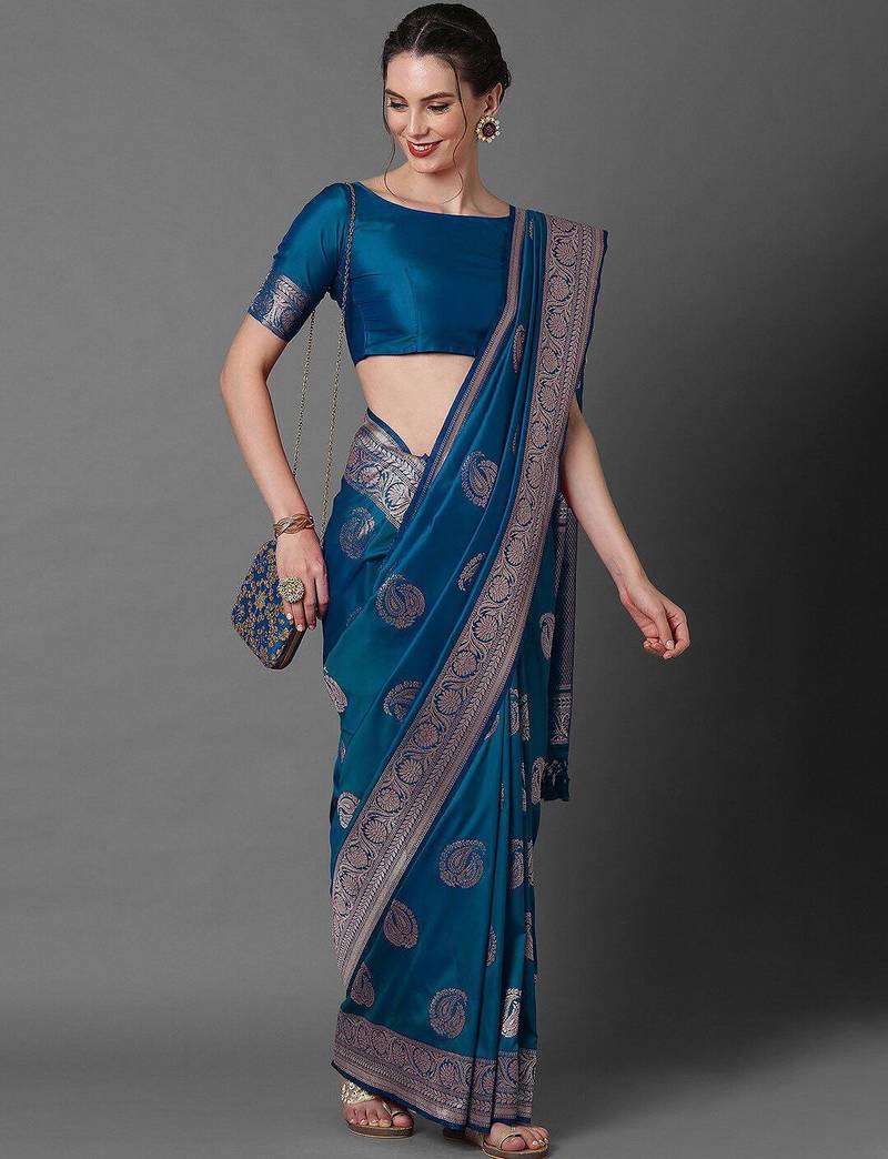 blue ethnic motifs woven design zari silk blend banarasi saree
