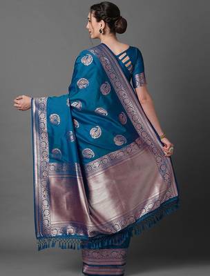 blue ethnic motifs woven design zari silk blend banarasi saree 2