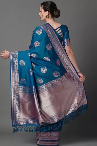 blue ethnic motifs woven design zari silk blend banarasi saree