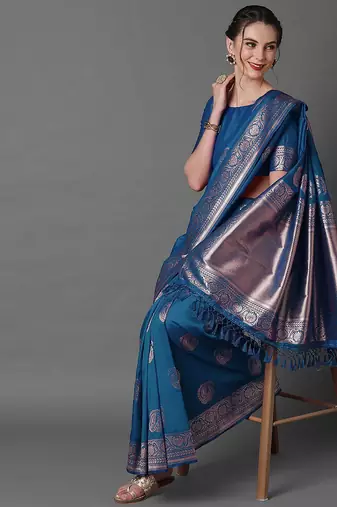 blue ethnic motifs woven design zari silk blend banarasi saree