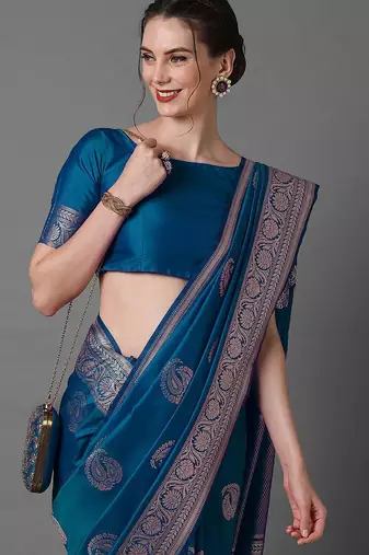 blue ethnic motifs woven design zari silk blend banarasi saree
