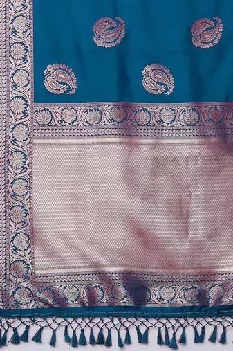 blue ethnic motifs woven design zari silk blend banarasi saree
