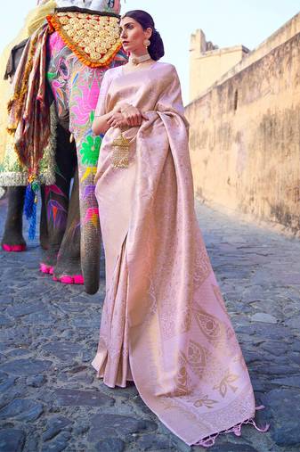Pink pink & silver ethnic motifs pure linen saree