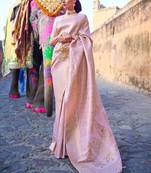 Pink pink & silver ethnic motifs pure linen saree