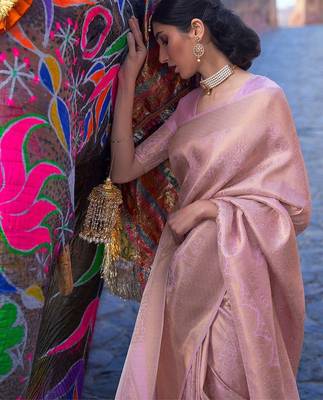 Pink pink & silver ethnic motifs pure linen saree 2