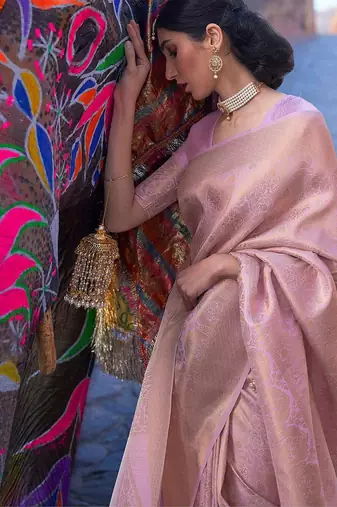 Pink pink & silver ethnic motifs pure linen saree