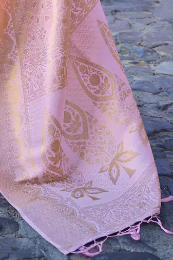 Pink pink & silver ethnic motifs pure linen saree