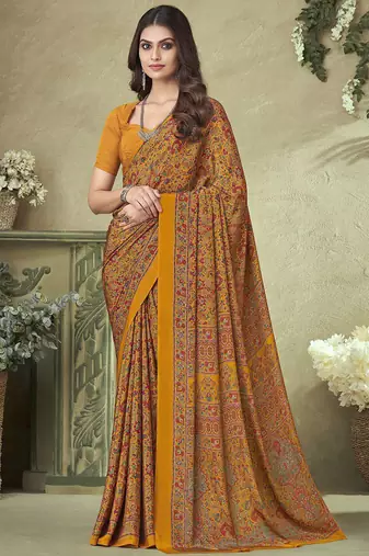 yellow floral printed silk blend saree