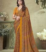 yellow floral printed silk blend saree