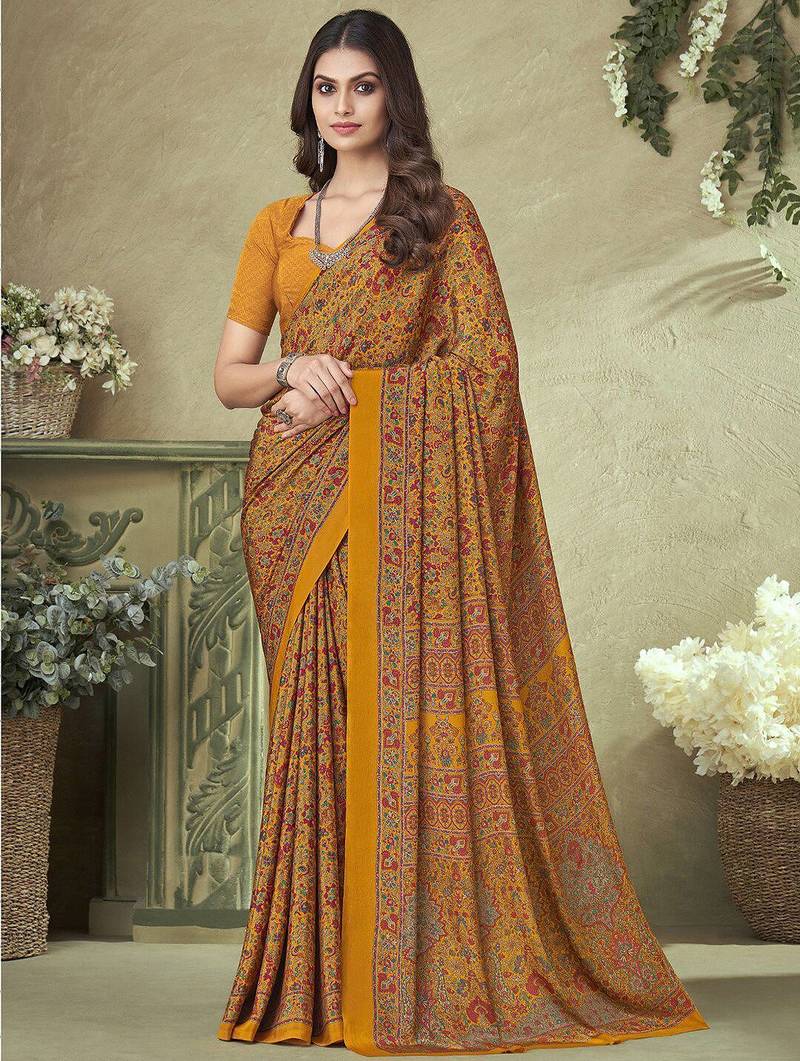 yellow floral printed silk blend saree