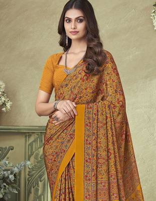 yellow floral printed silk blend saree 2
