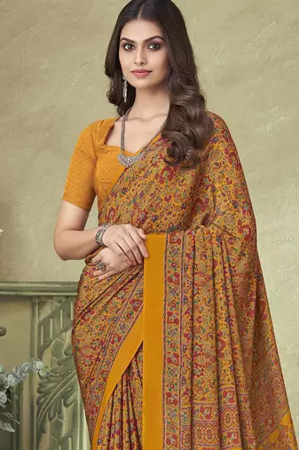 yellow floral printed silk blend saree