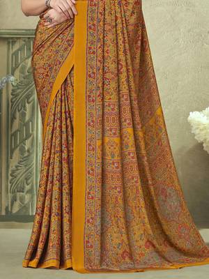 yellow floral printed silk blend saree 3