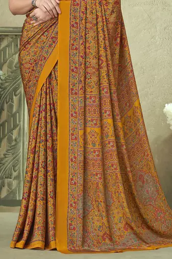 yellow floral printed silk blend saree