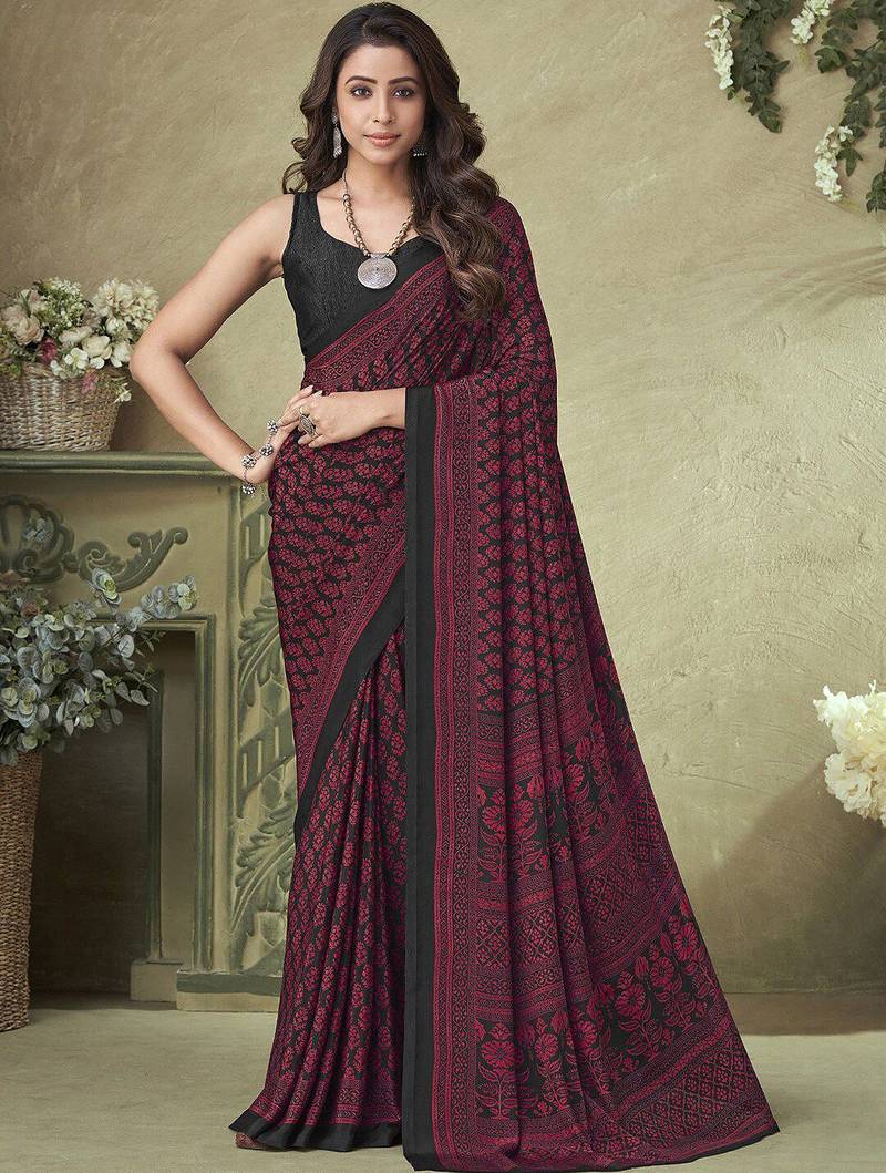 pink floral printed silk blend saree