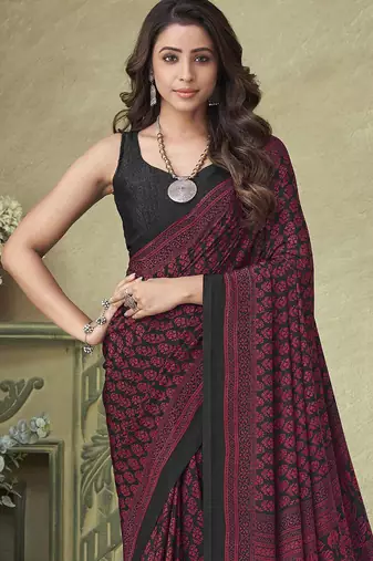 pink floral printed silk blend saree