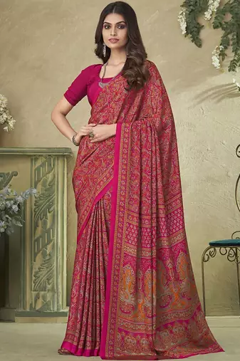 pink ethnic motifs printed silk blend saree