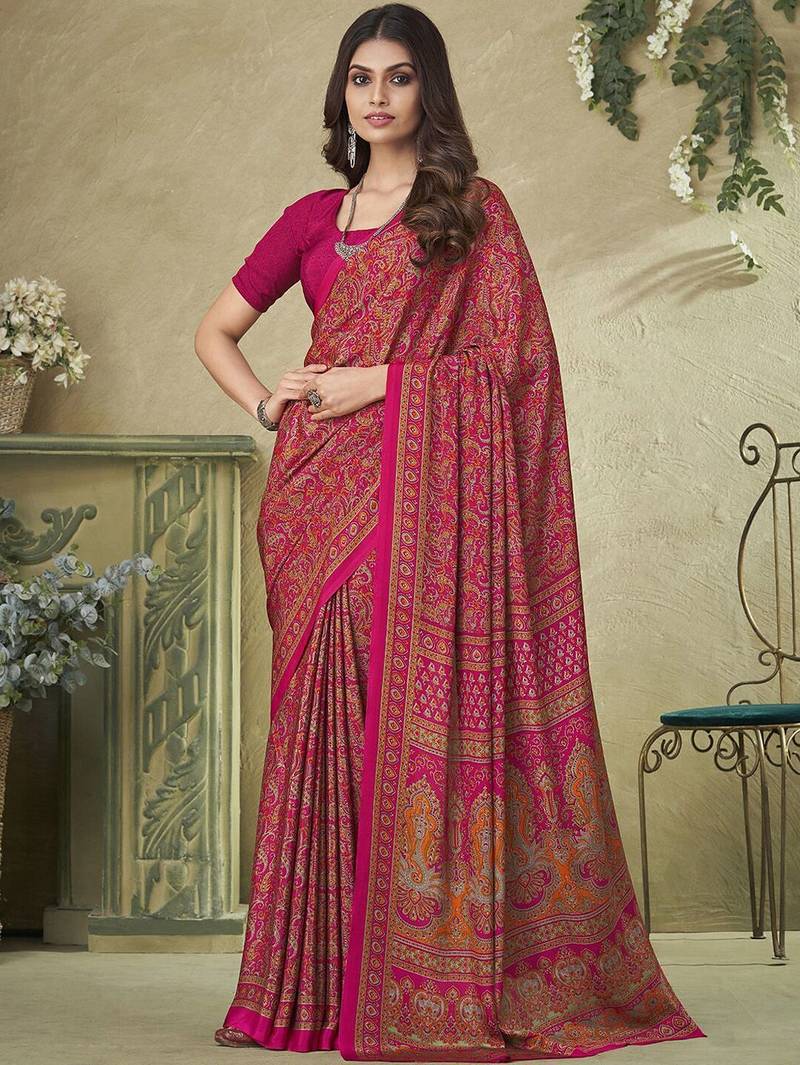 pink ethnic motifs printed silk blend saree