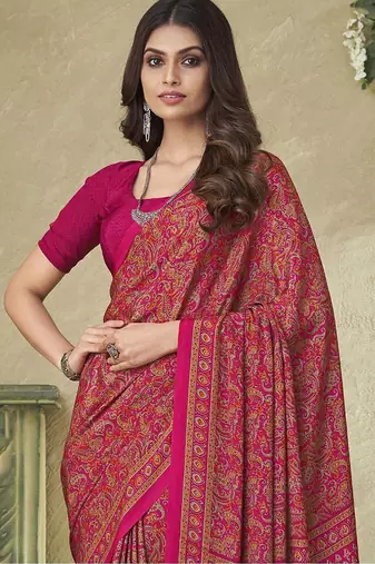 pink ethnic motifs printed silk blend saree