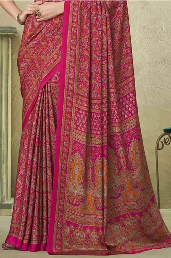pink ethnic motifs printed silk blend saree