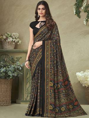 black floral printed silk blend saree 1