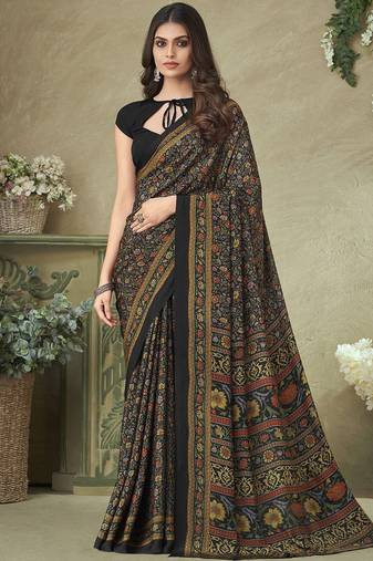 black floral printed silk blend saree