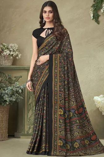 black floral printed silk blend saree