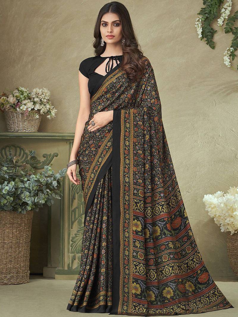 black floral printed silk blend saree