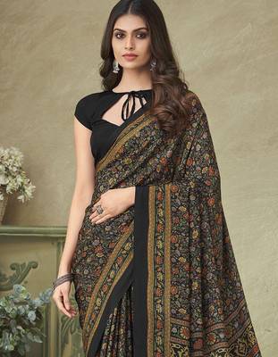 black floral printed silk blend saree 2