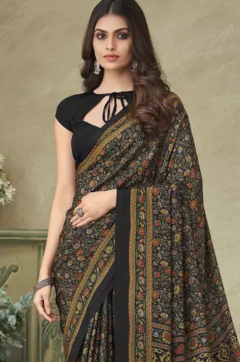 black floral printed silk blend saree