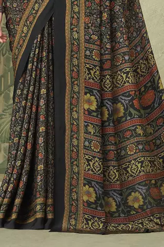 black floral printed silk blend saree