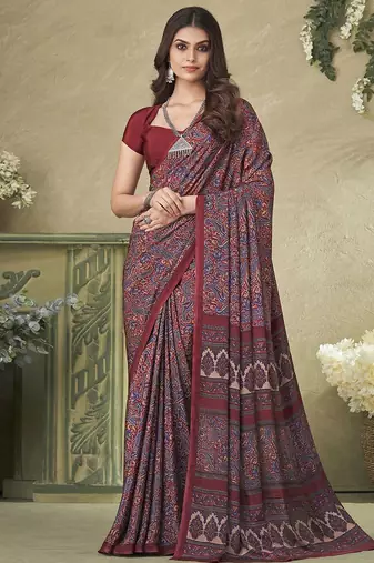purple ethnic motifs printed silk blend saree