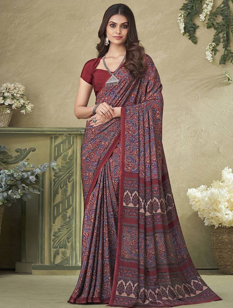 purple ethnic motifs printed silk blend saree