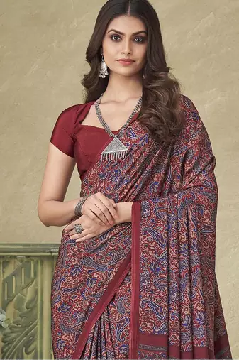 purple ethnic motifs printed silk blend saree