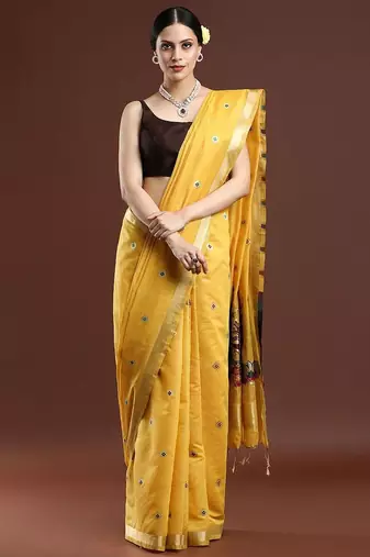 yellow floral woven design zari muga saree
