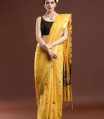 yellow floral woven design zari muga saree