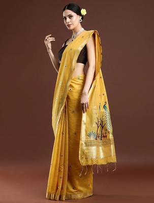 yellow floral woven design zari muga saree 2