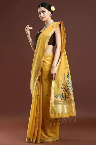 yellow floral woven design zari muga saree