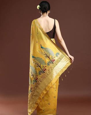 yellow floral woven design zari muga saree 3