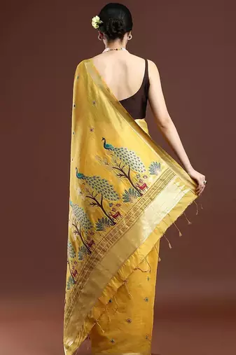 yellow floral woven design zari muga saree