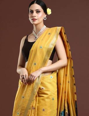yellow floral woven design zari muga saree 4