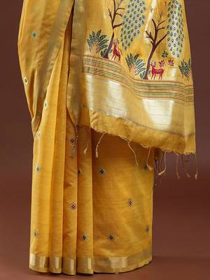 yellow floral woven design zari muga saree 5