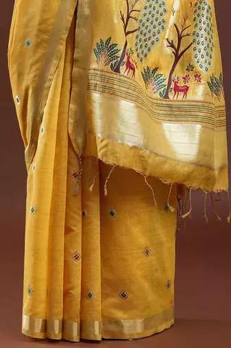 yellow floral woven design zari muga saree