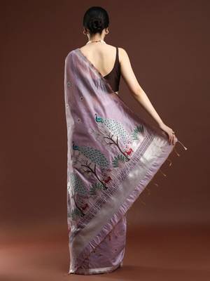 Blue blue woven design zari silk blend paithani saree 4
