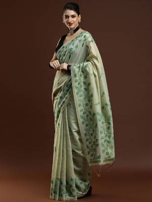 Pink pink & gold-toned ethnic motifs cotton saree with blouse 3